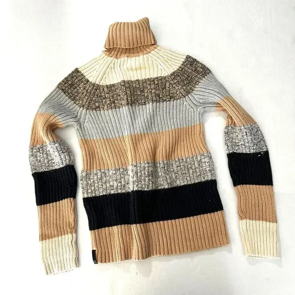 Y2K , Calvin Klein Neutral Striped Ribbed Knit Turtleneck Sweater, S, cozycore - Picture 3 of 5